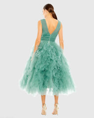 Green Ruffled Cap Sleeve V-Neck A Line Tulle Dress (Rue Gilt)