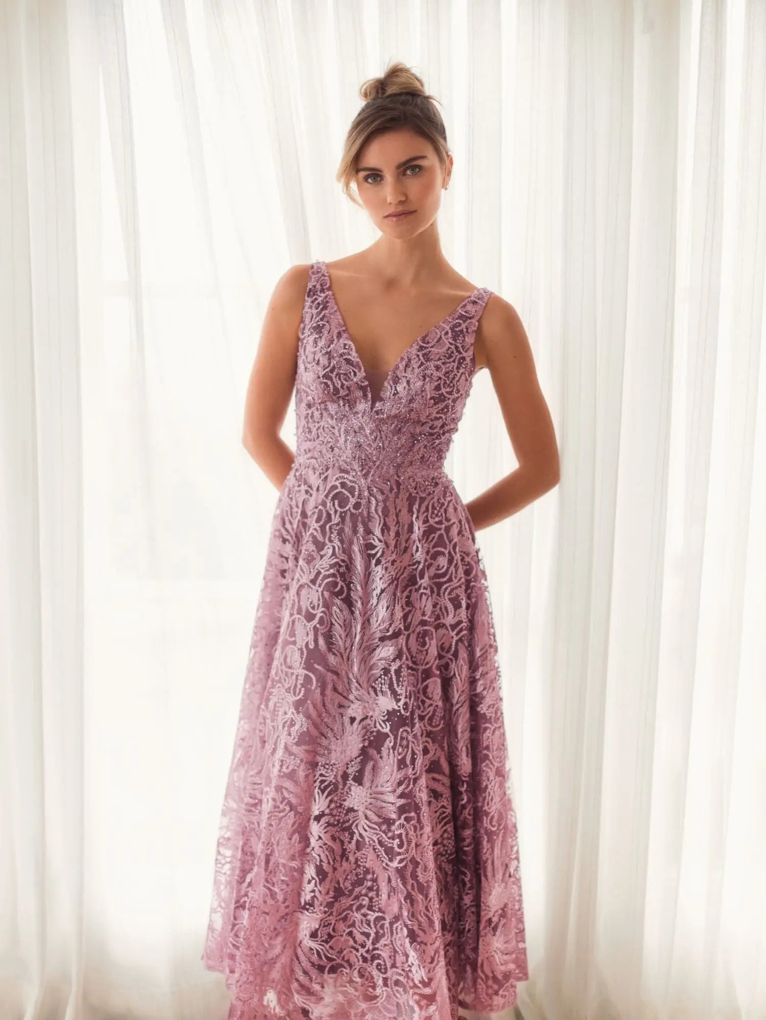 Purple V-Neck Low Cut Back Floral Embroidered A-Line Dress