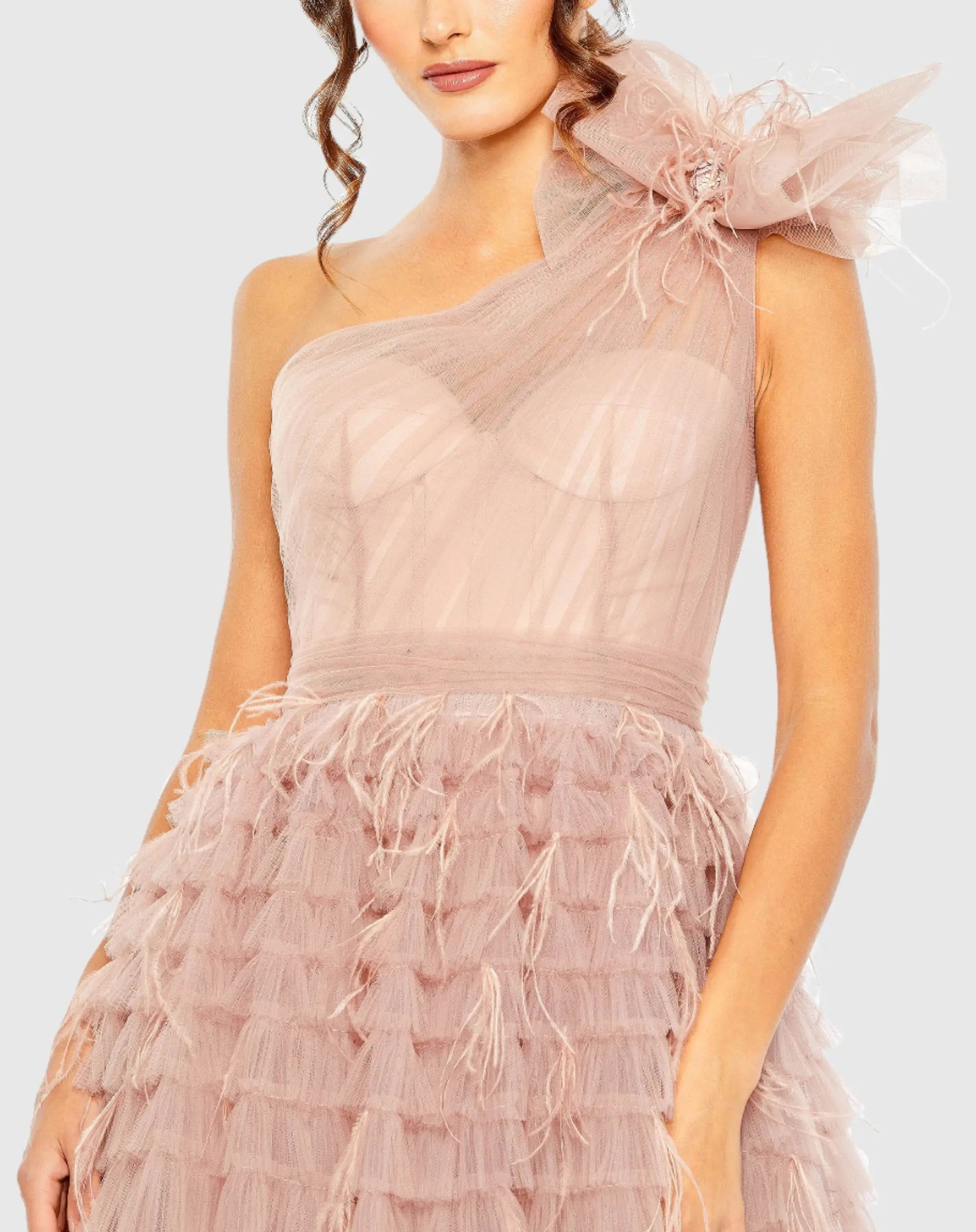 Pink One Shoulder Faux Bow Feather Tiered A Line Gown