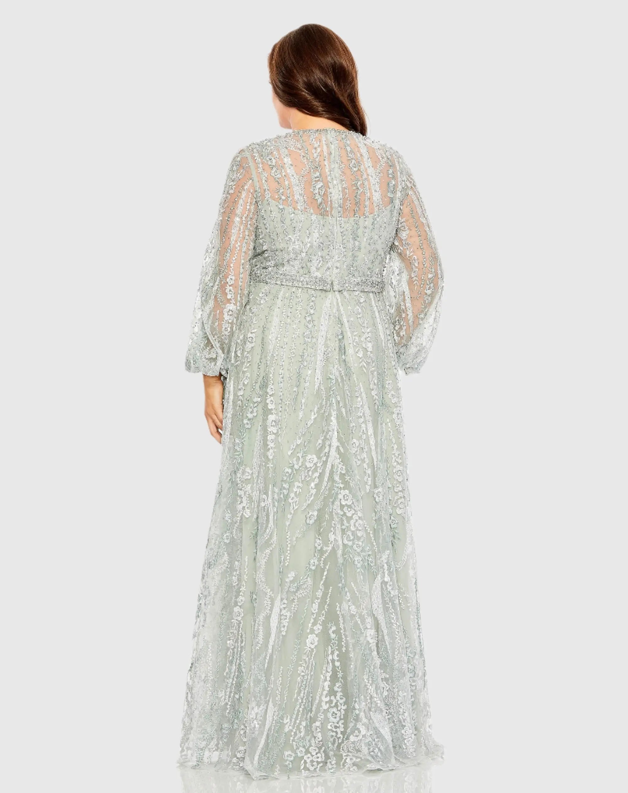 Green V Neck Puff Sleeve Embroidered A Line Gown (Plus)