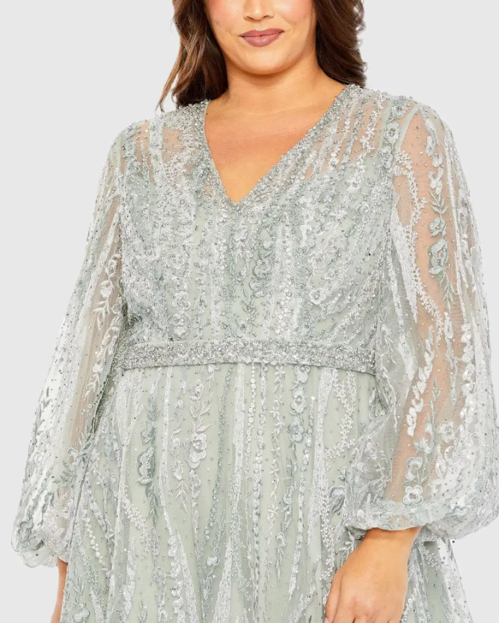 Green V Neck Puff Sleeve Embroidered A Line Gown (Plus)