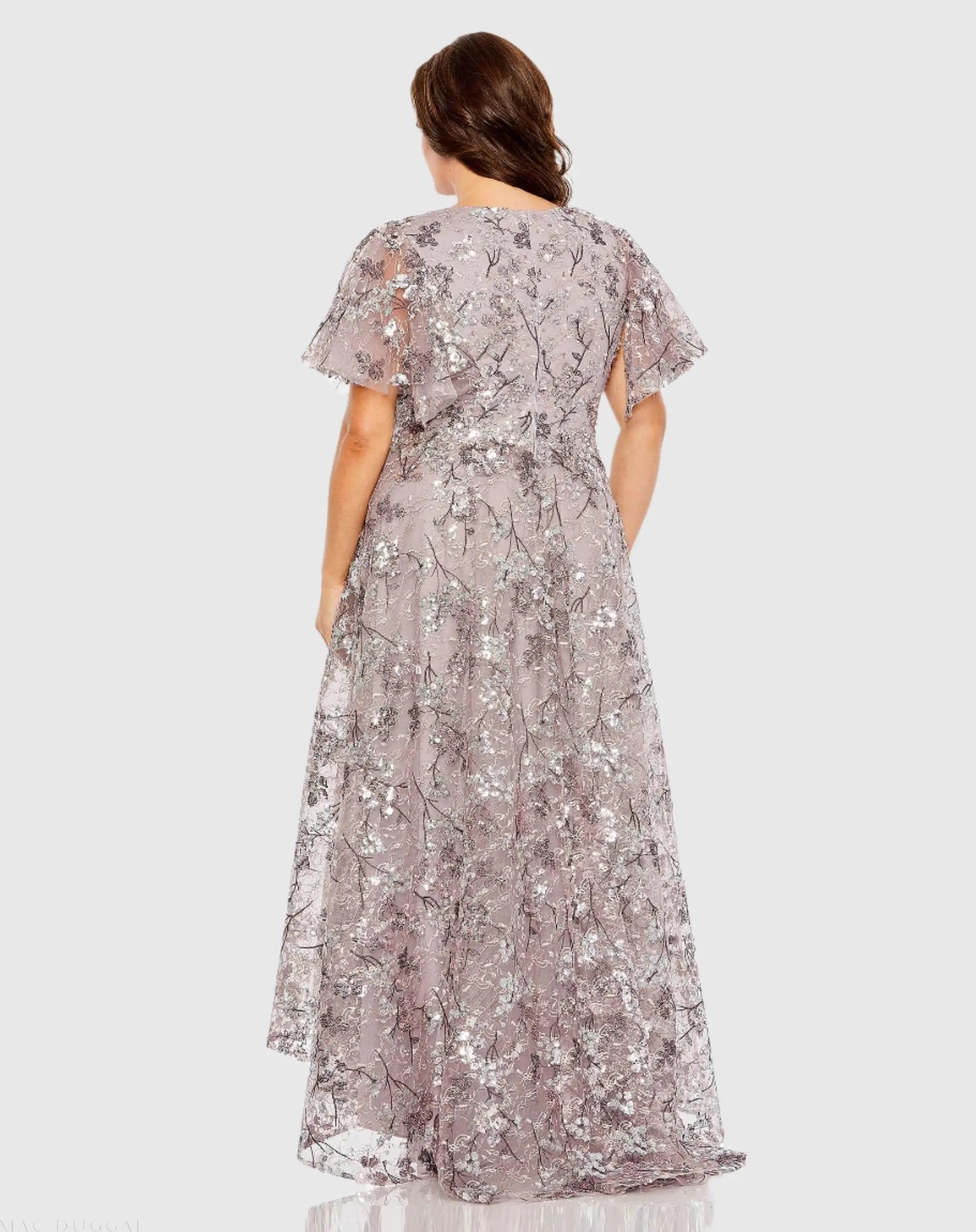 Purple V Neck Flutter Sleeve A Line Embellished Gown (Plus)