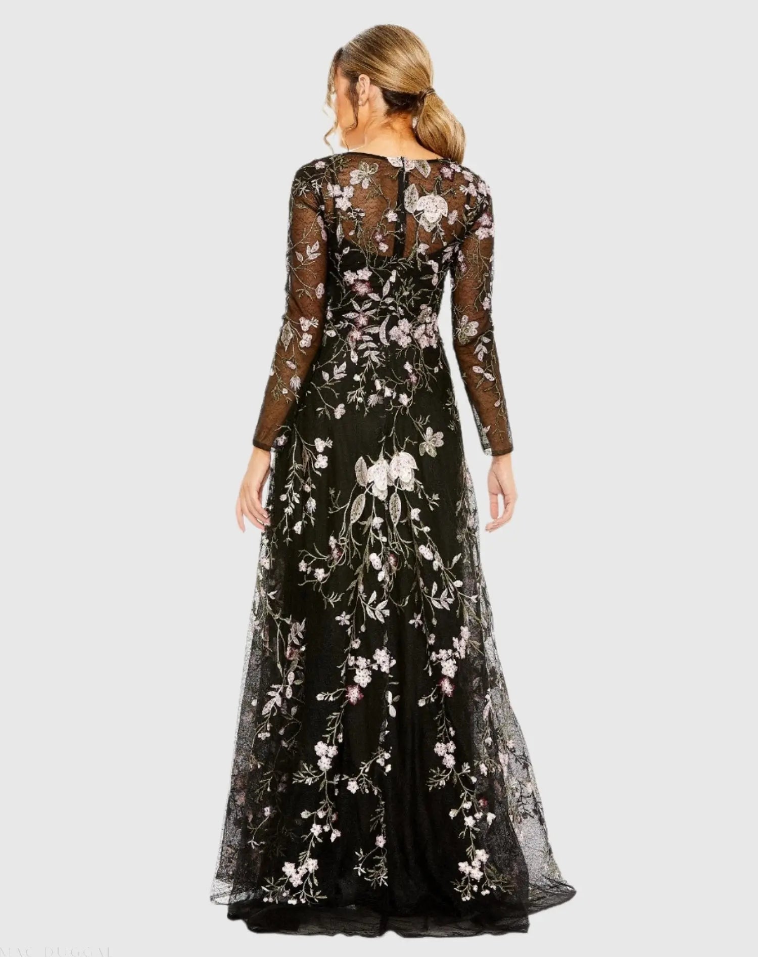 Black V-Neck Long Sleeve Embroidered A-Line Floral Gown