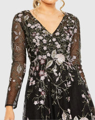 Black V-Neck Long Sleeve Embroidered A-Line Floral Gown