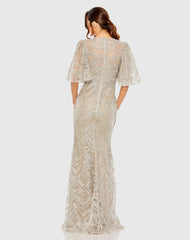 Beige and Silver Flutter Sleeve High Neck Gown