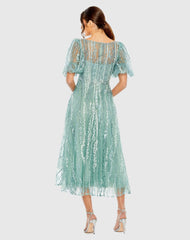 Green High Neck Puff Sleeve Embellished A Line Dress