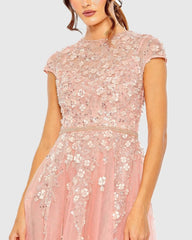 Pink High Neck Cap Sleeve Embellished A Line Gown