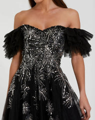 Black Tulle Off The Shoulder Gown With Sequin Details