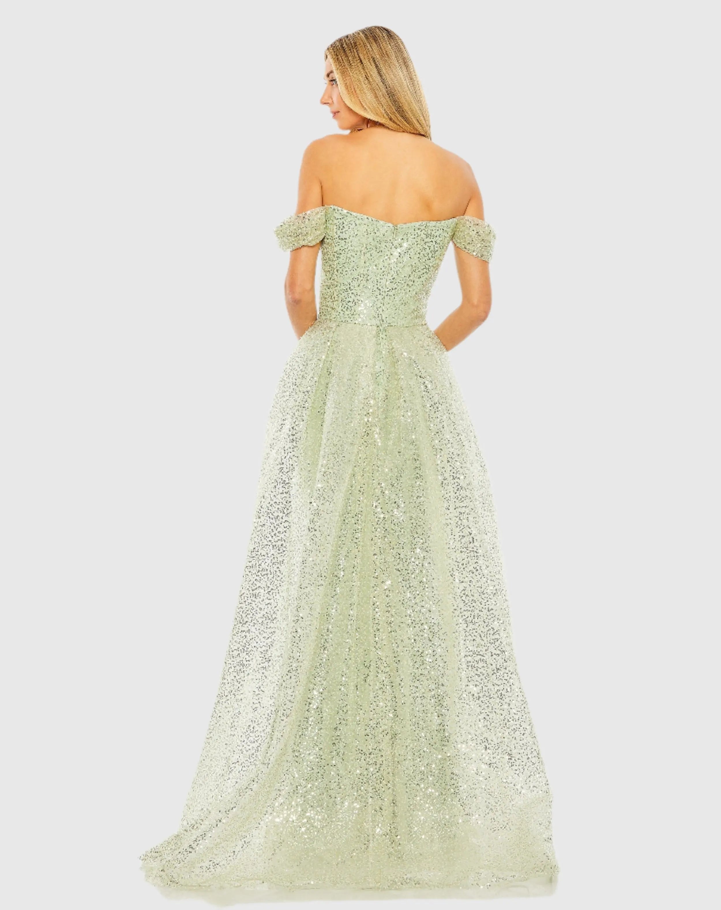 Green Off the Shoulder Sequin Panel Train Gown