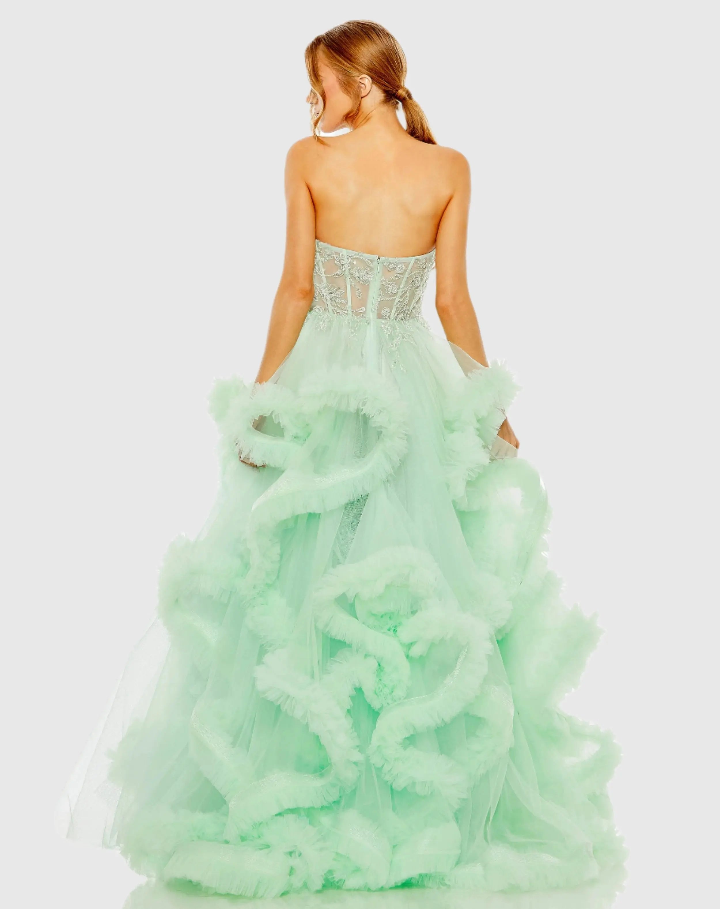Green Strapless Corset Detail Tulle Layered Gown