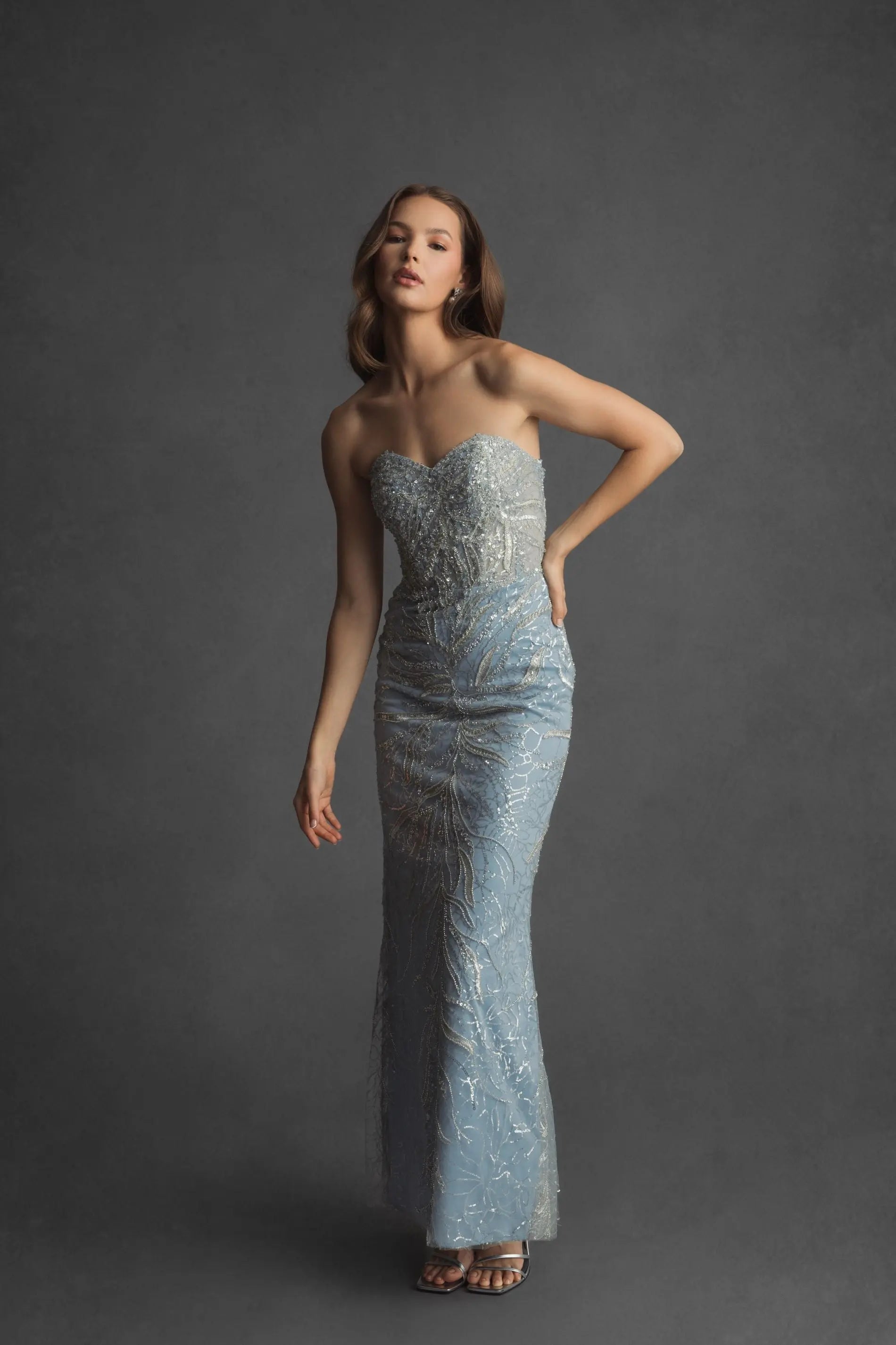 Blue Strapless Embellished Trumpet Gown
