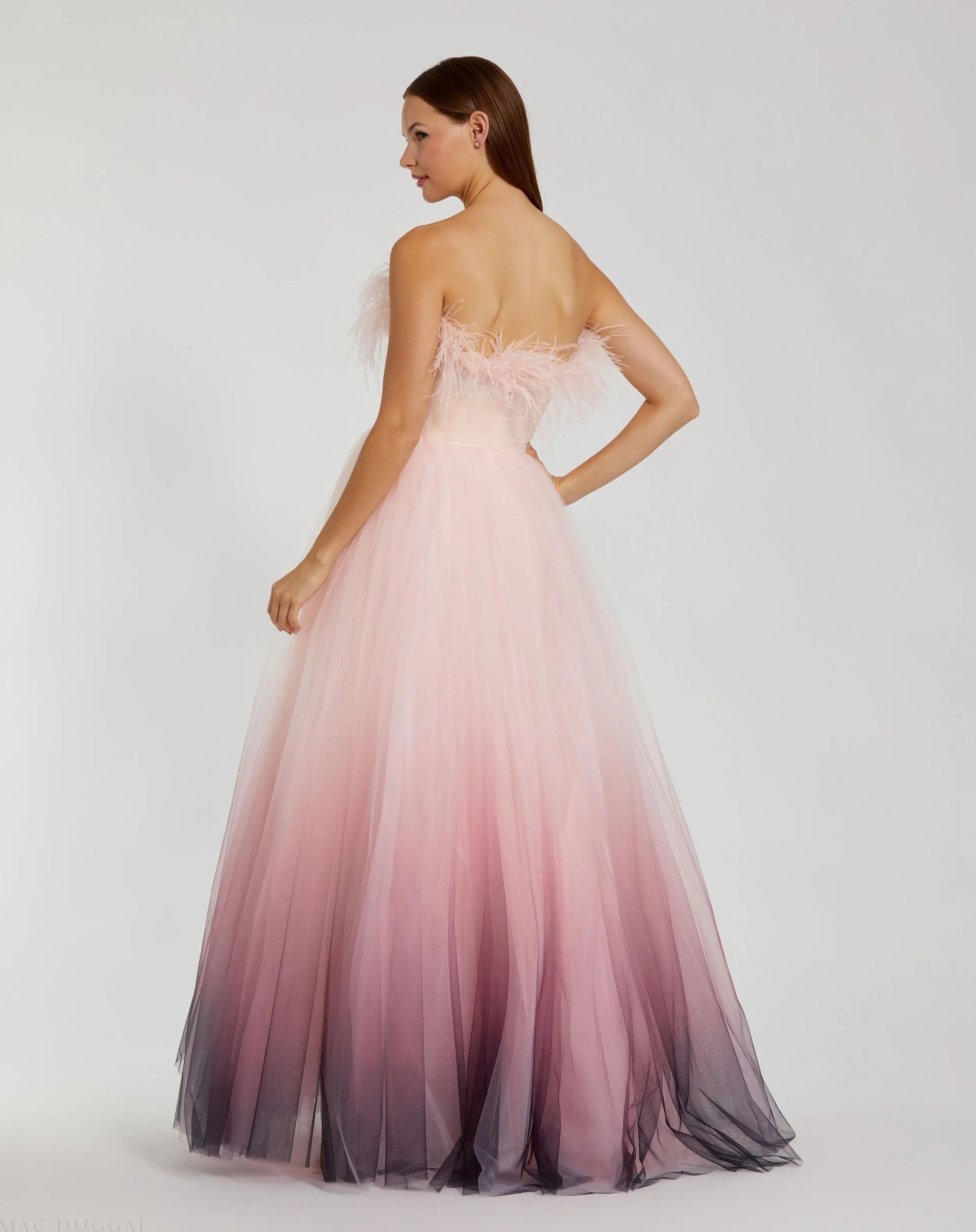 Pink Ombre Strapless Feather Bodice Tulle Gown