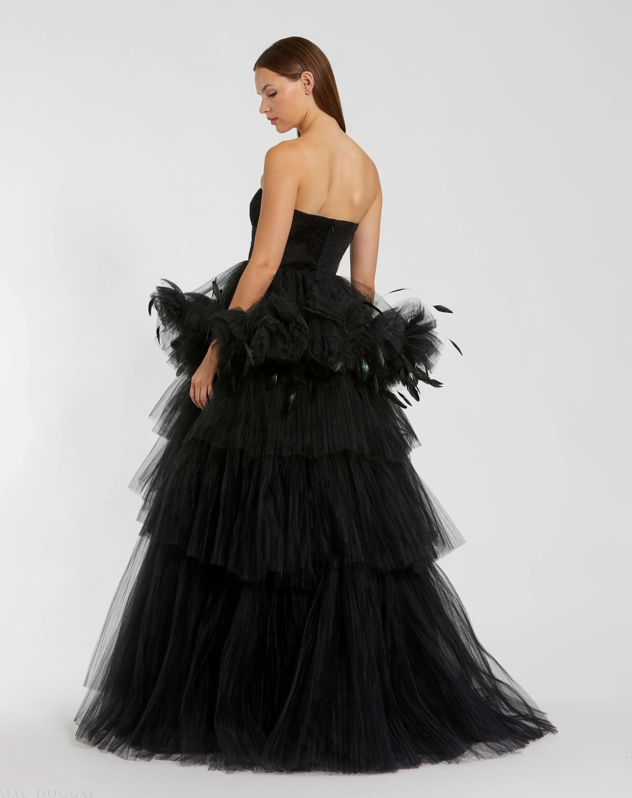 Black Strapless Tulle Gown with Feather Detail