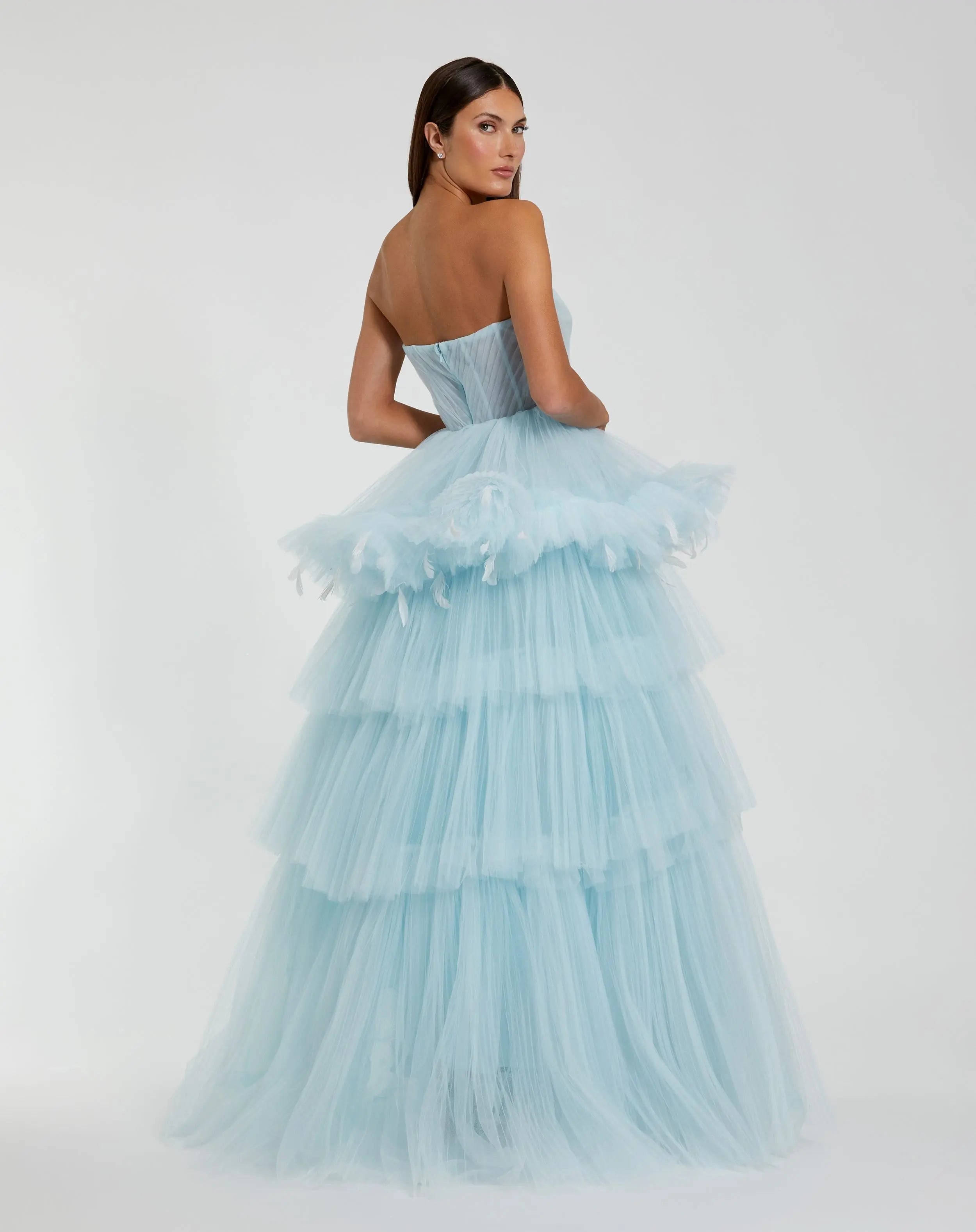 Blue Strapless Tulle Gown with Feather Detail  - FINAL SALE