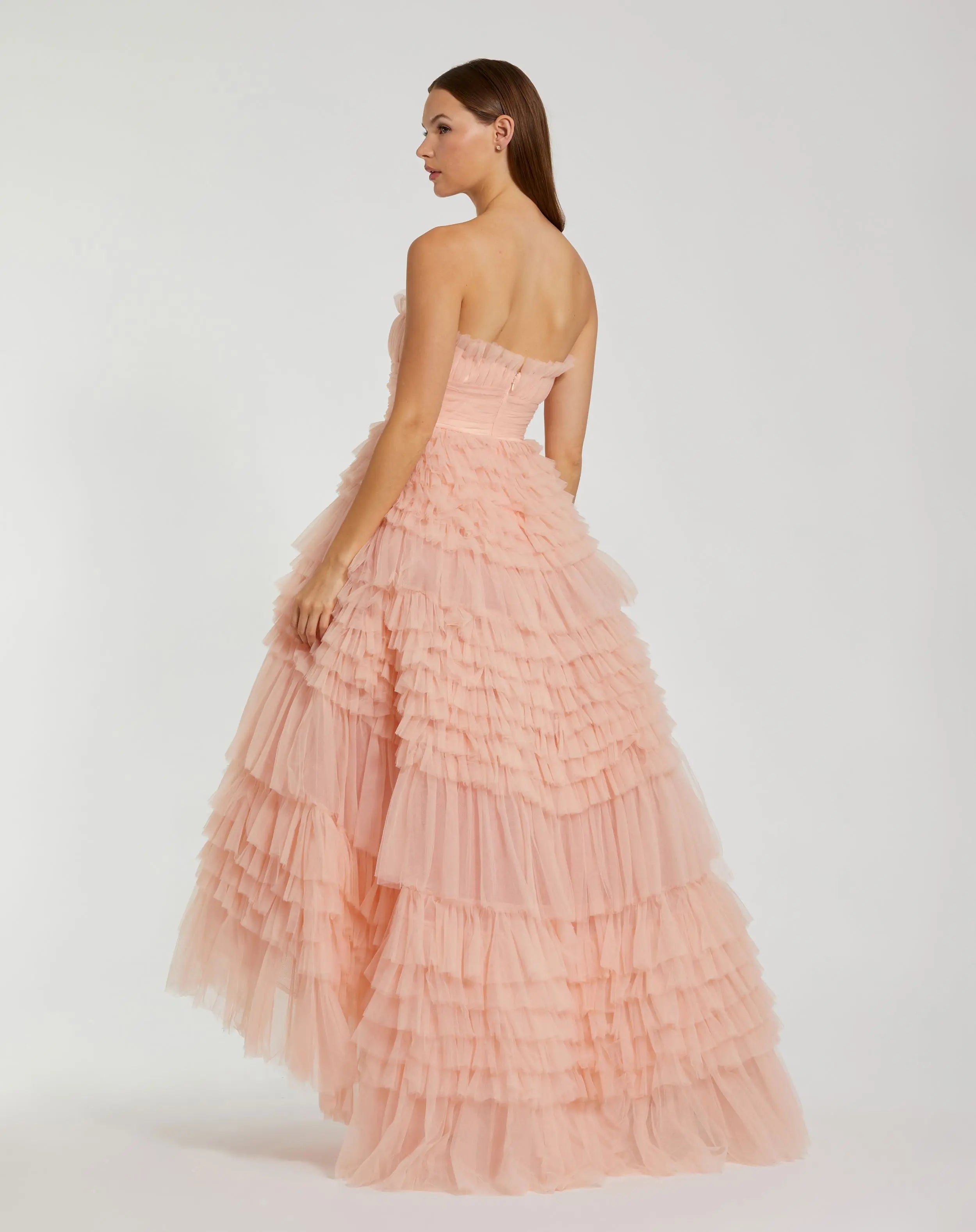 Pink Strapless Tulle Ruffle Gown