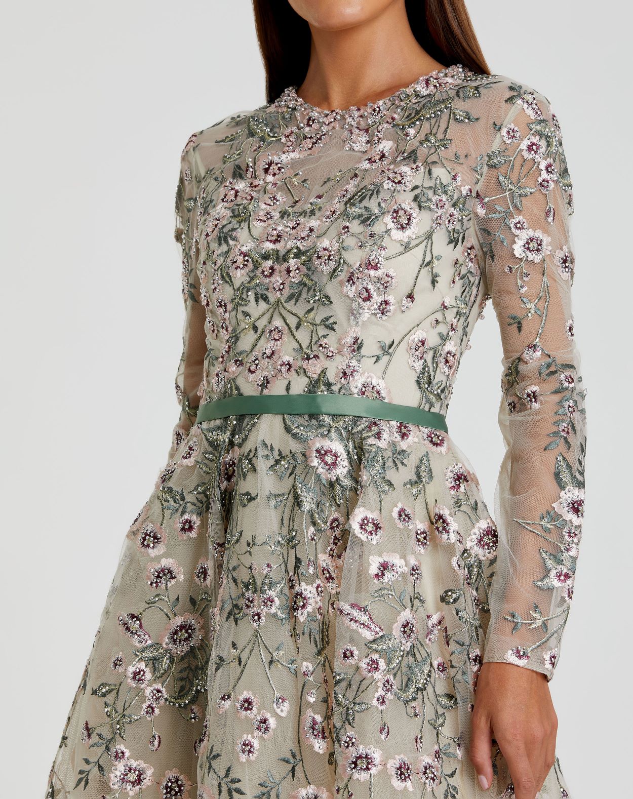 Multicolor Long Sleeve Floral Embellished A-Line Gown