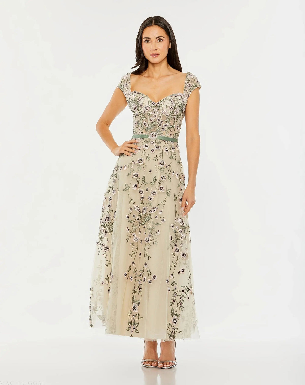 Ivory Floral Embroidered Sweetheart Neckline Midi Dress