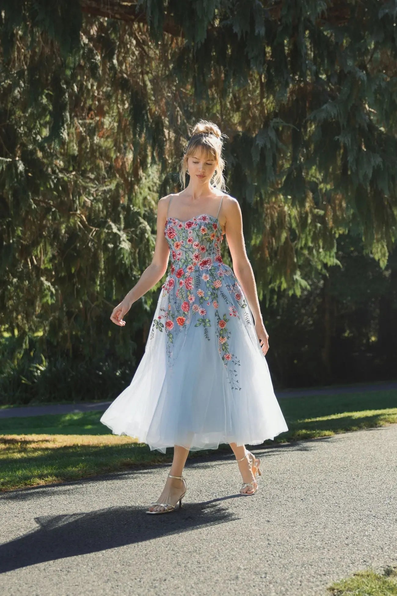 Blue Bustier Embroidered Floral A-Line Dress