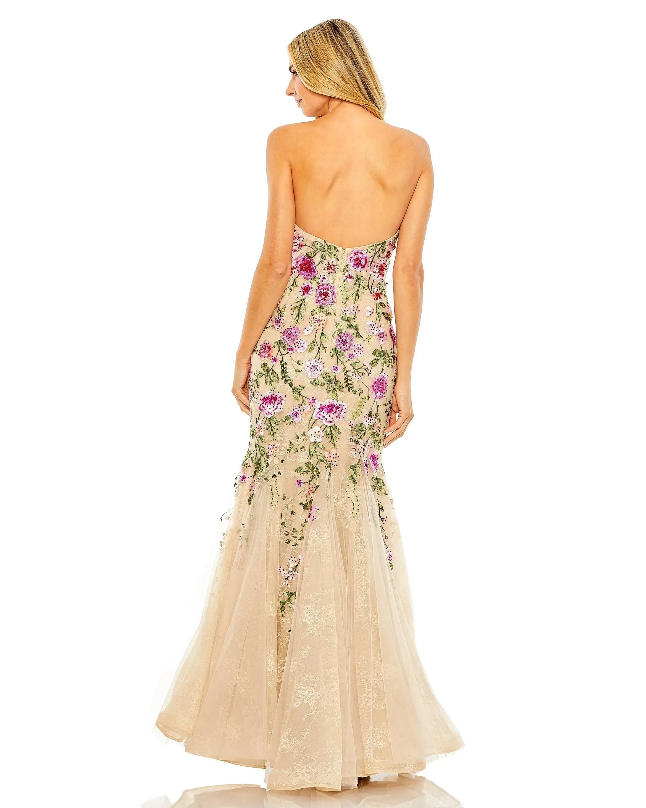 Beige Strapless Bustier Floral Embroidered Mermaid Gown