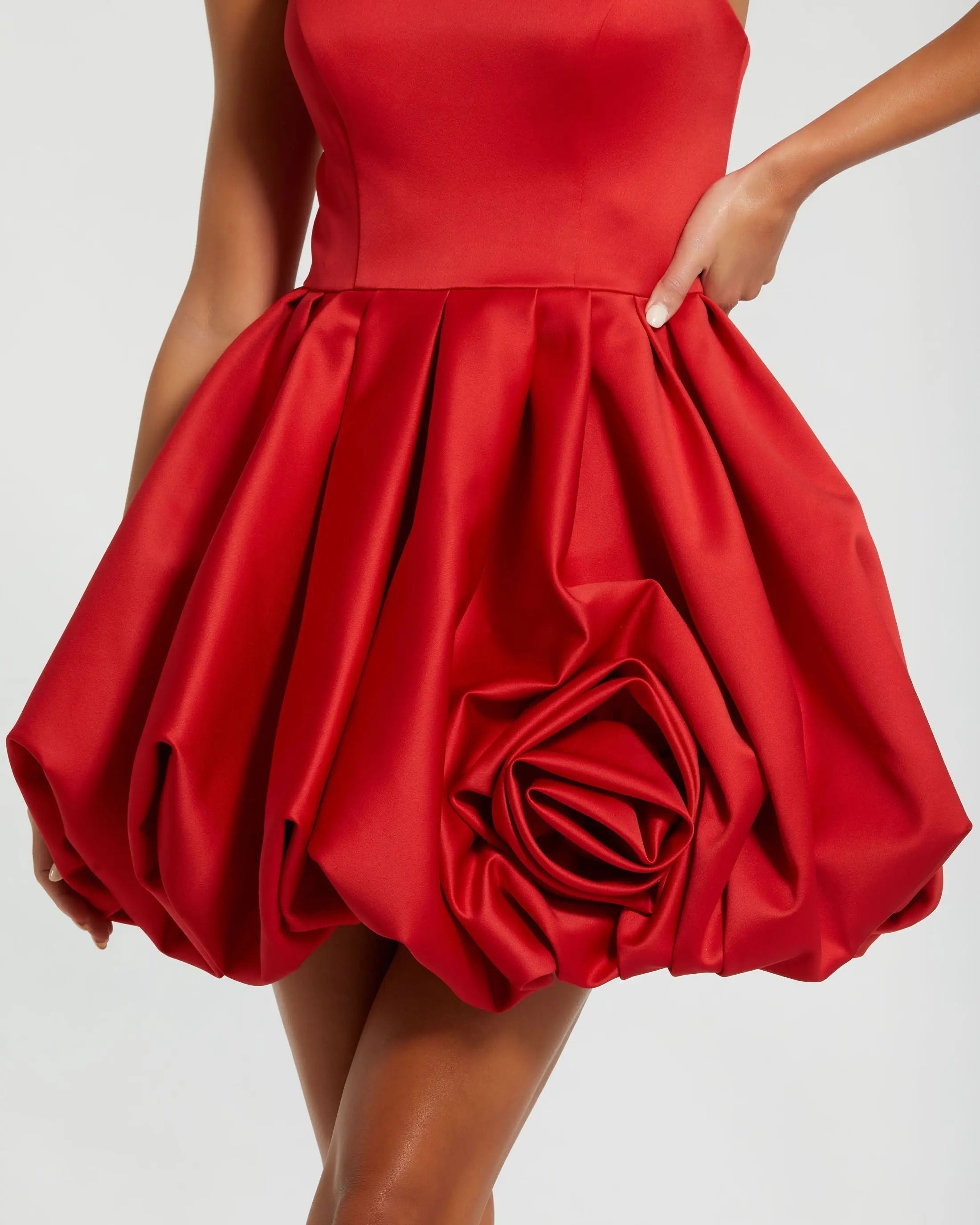 Red Strapless Mini Dress With Rose Ruffle Detail