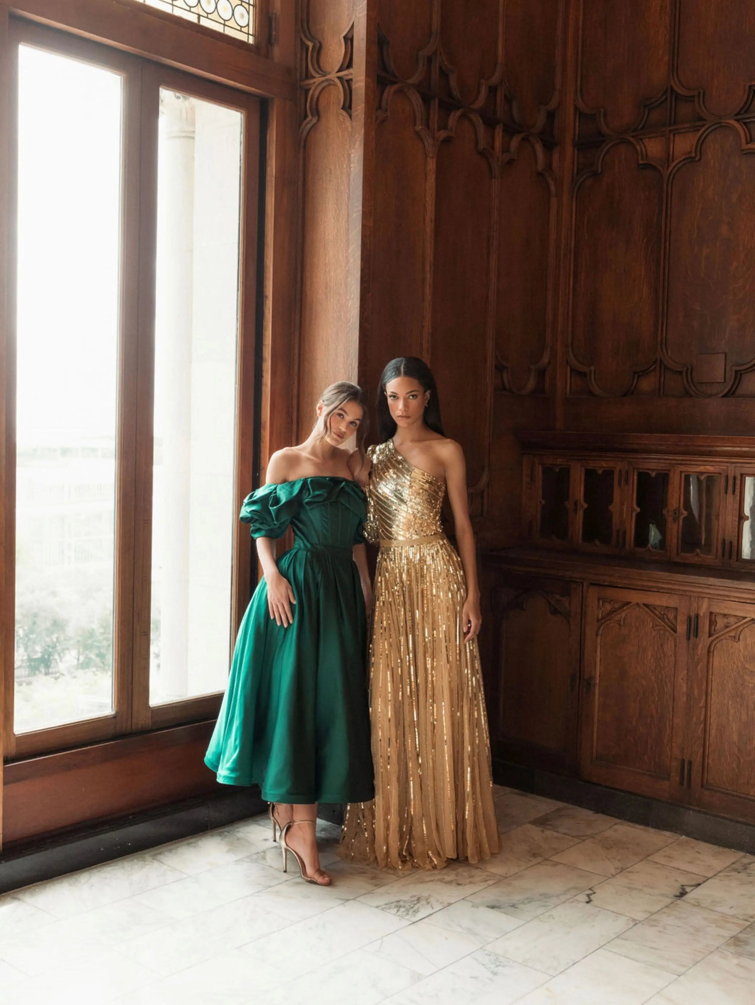 Gold Sequined One Shoulder A Line Gown