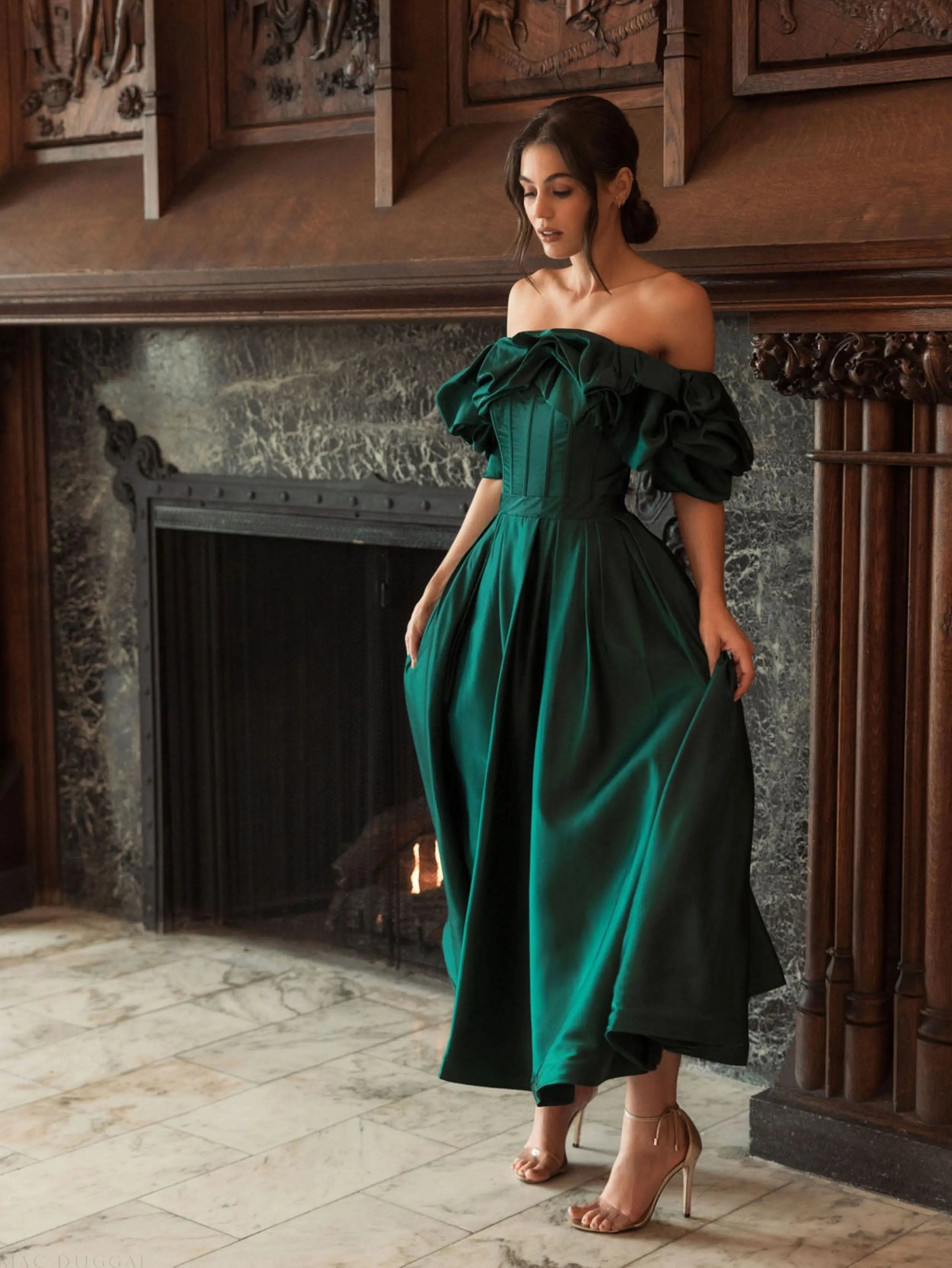 Green Off The Shoulder Tea Length Dress