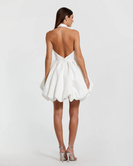 White Halter Neck Bubble Hem Satin Mini Dress