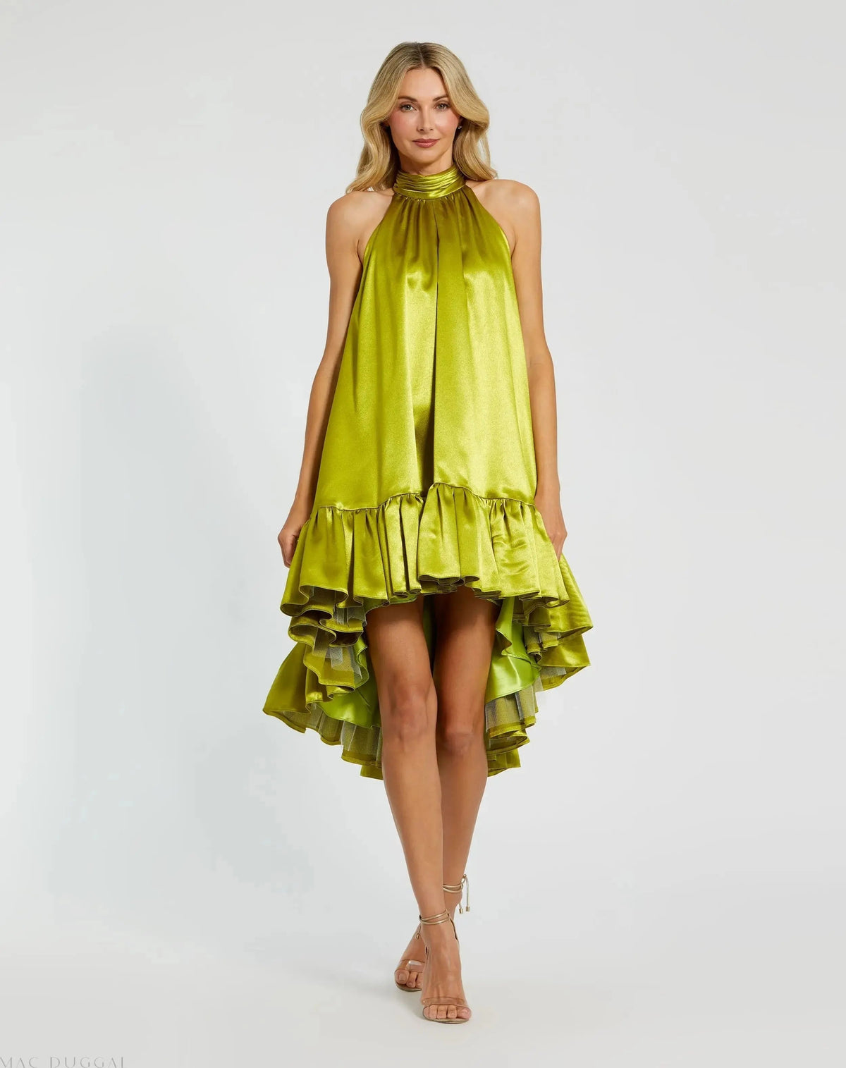 Green High Neck Satin Mini Dress With Keyhole