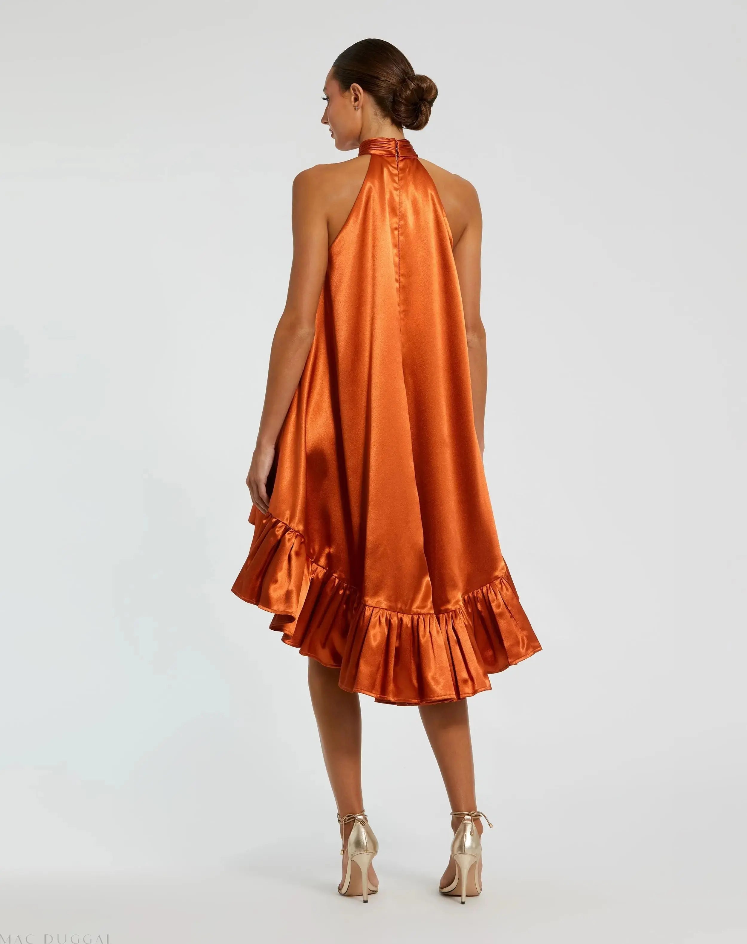 Orange High Neck Satin Mini Dress With Keyhole