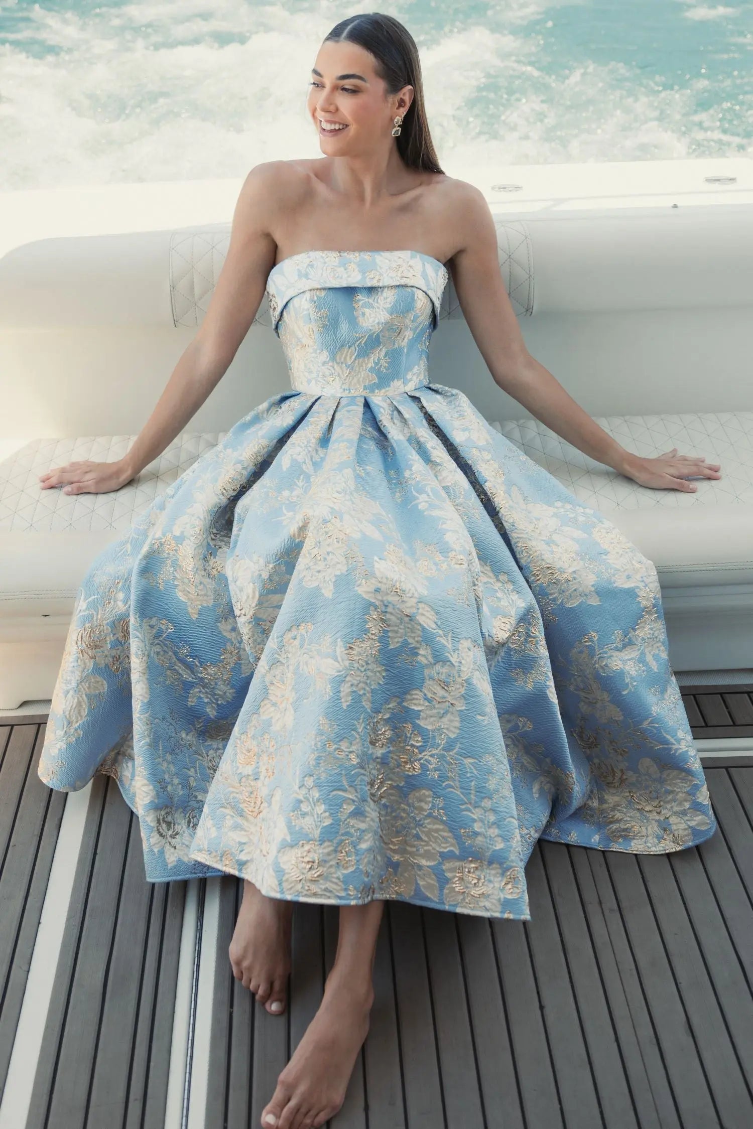 Blue Strapless Brocade Midi Dress with Pockets