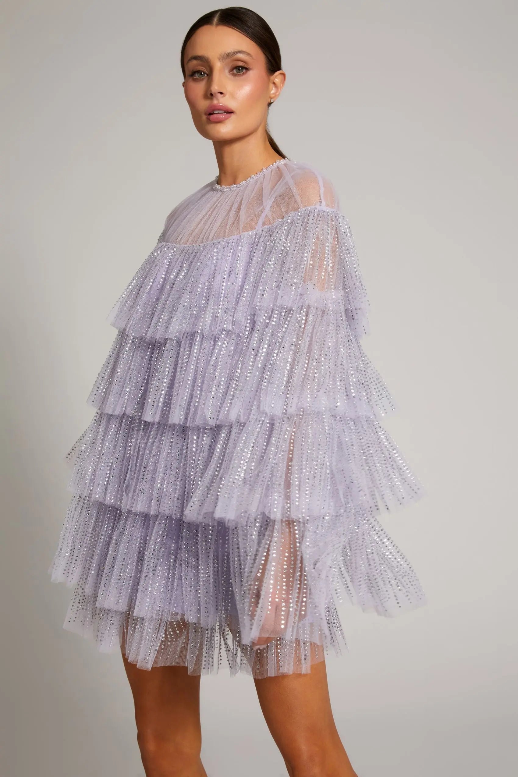 Purple Embellished High Neck Ruffle Mini Dress