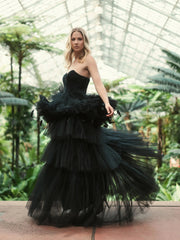 Black Strapless Tulle Gown with Feather Detail
