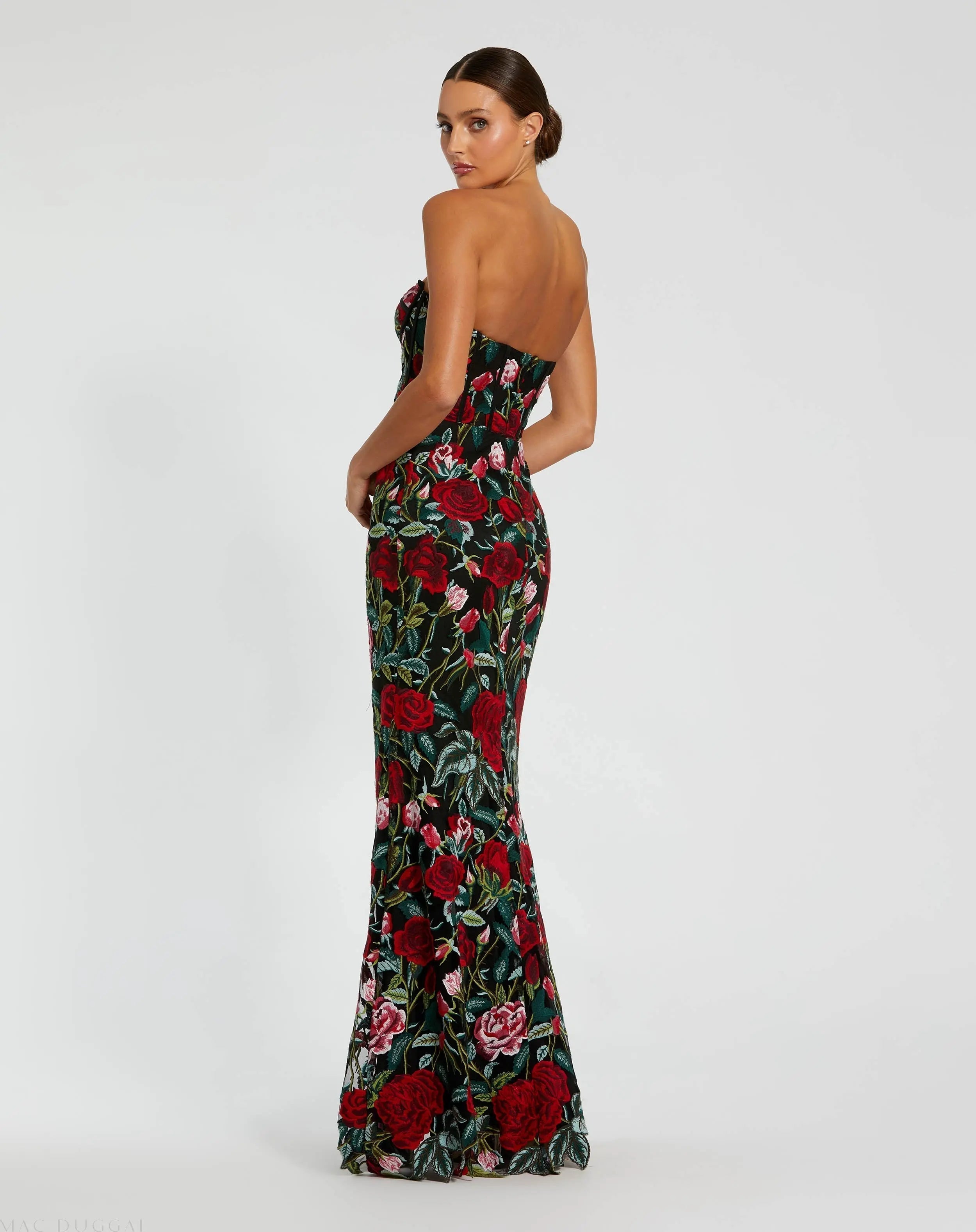 Black Sheer Bustier Top Floral Applique Gown