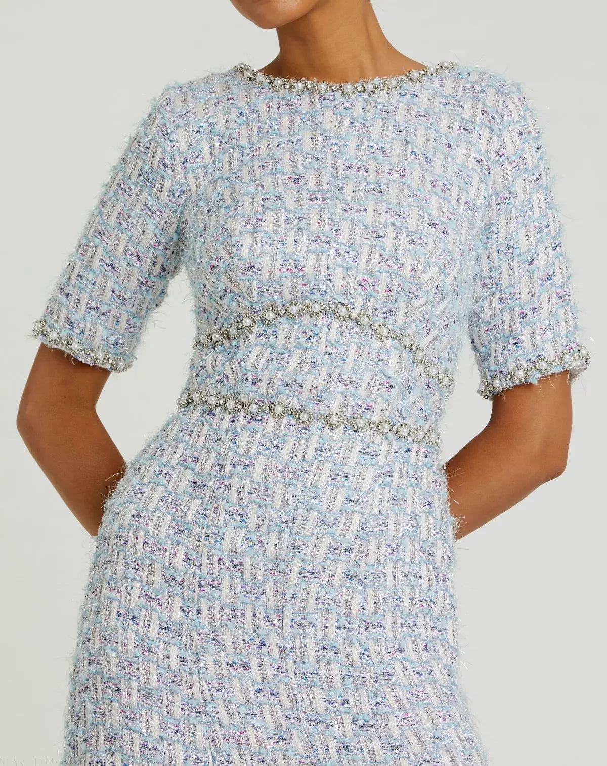 Blue Short Sleeve Beaded Trim Boucle Midi Dress