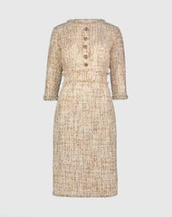 Beige 3/4 Sleeve Beaded Trim Patch Pocket Tweed Midi Dress