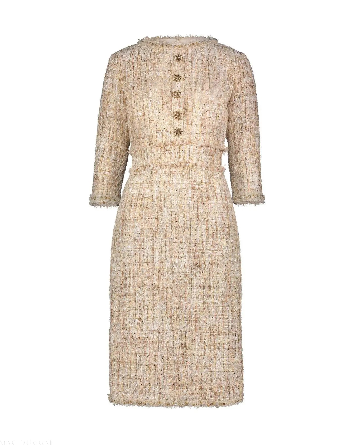 Beige 3/4 Sleeve Beaded Trim Patch Pocket Tweed Midi Dress