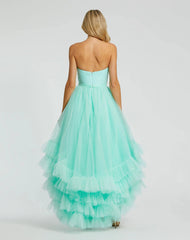 Green Strapless Ruched Sweetheart Ruffle High Low Gown