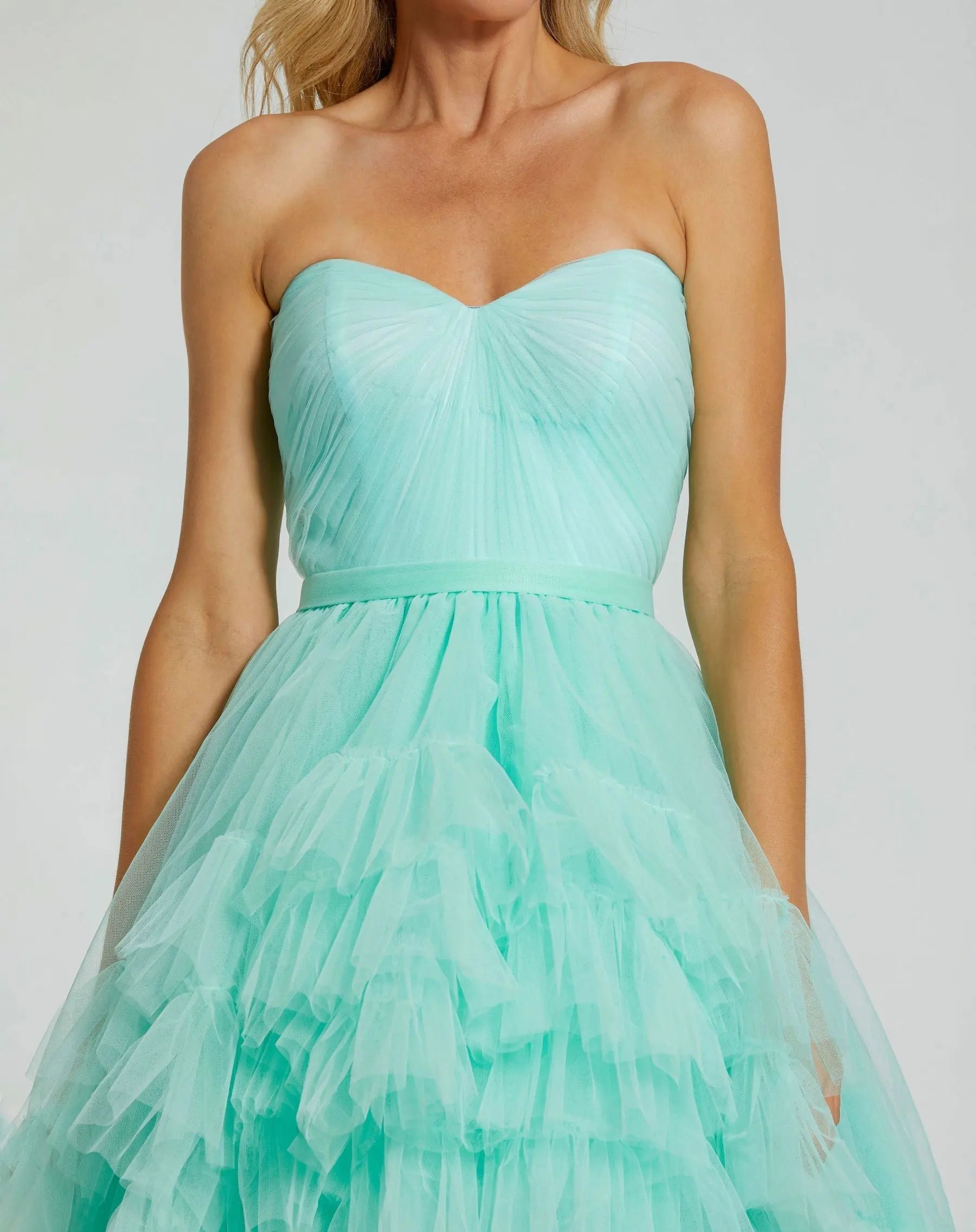 Green Strapless Ruched Sweetheart Ruffle High Low Gown