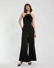 Black Crepe Halter Neck Jumpsuit With Flower