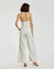 Ivory Halter Neck Crepe Jumpsuit With 3D Flower