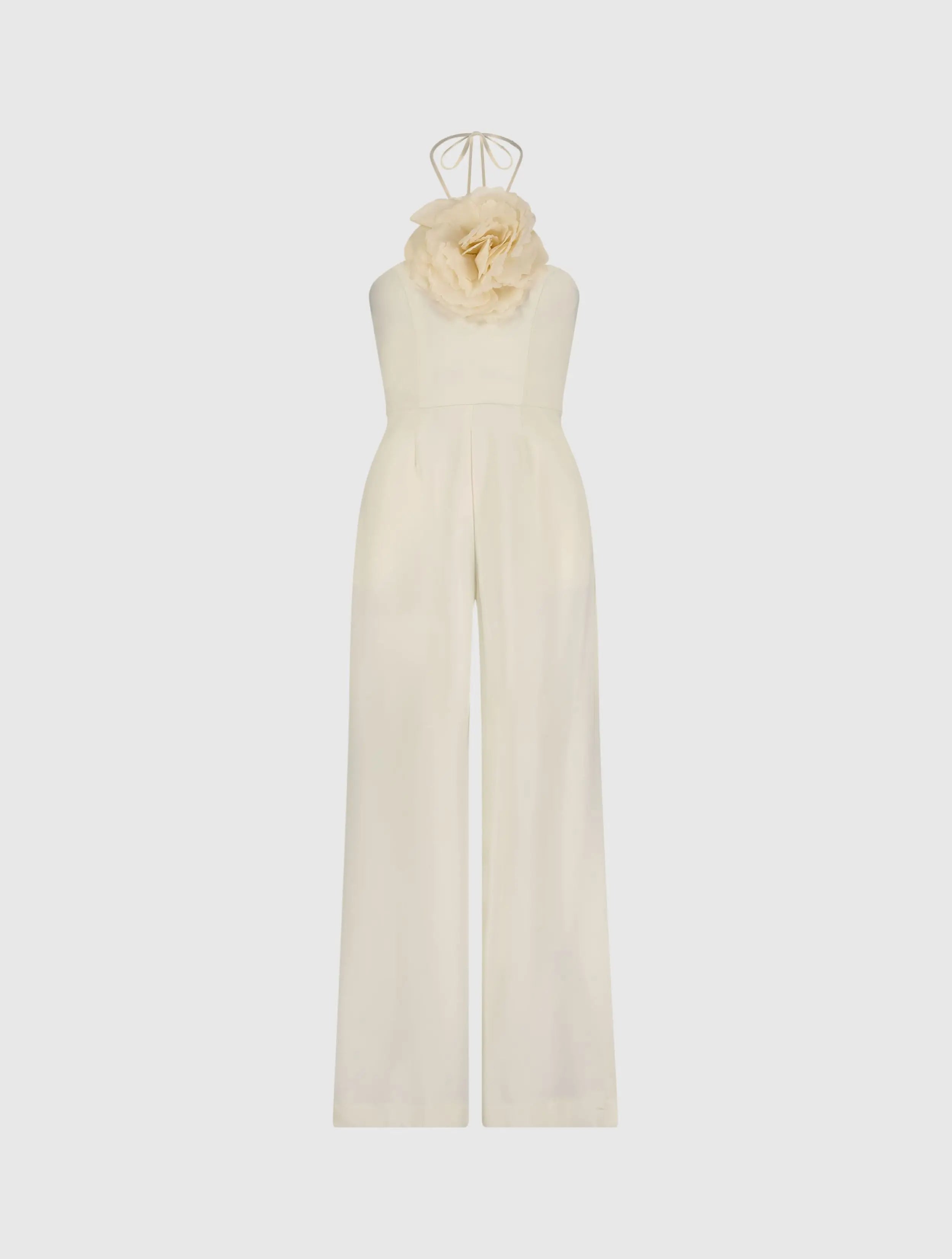 Ivory Halter Neck Crepe Jumpsuit With 3D Flower