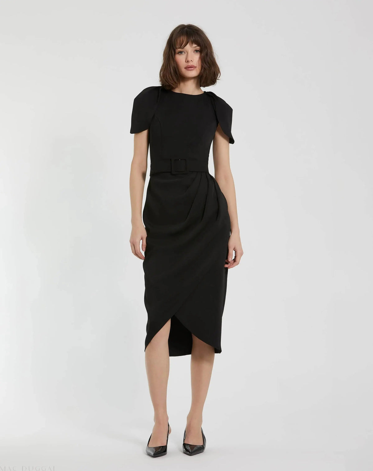 Black Crepe Boat Neck Midi Tulip Dress With Belt