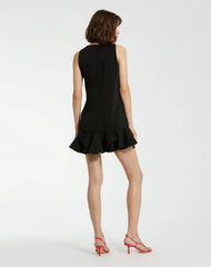 The Mia Black High Neck Sleeveless Crepe Mini Dress With Ruffle Hem