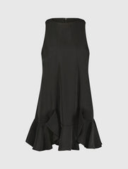 The Mia Black High Neck Sleeveless Crepe Mini Dress With Ruffle Hem