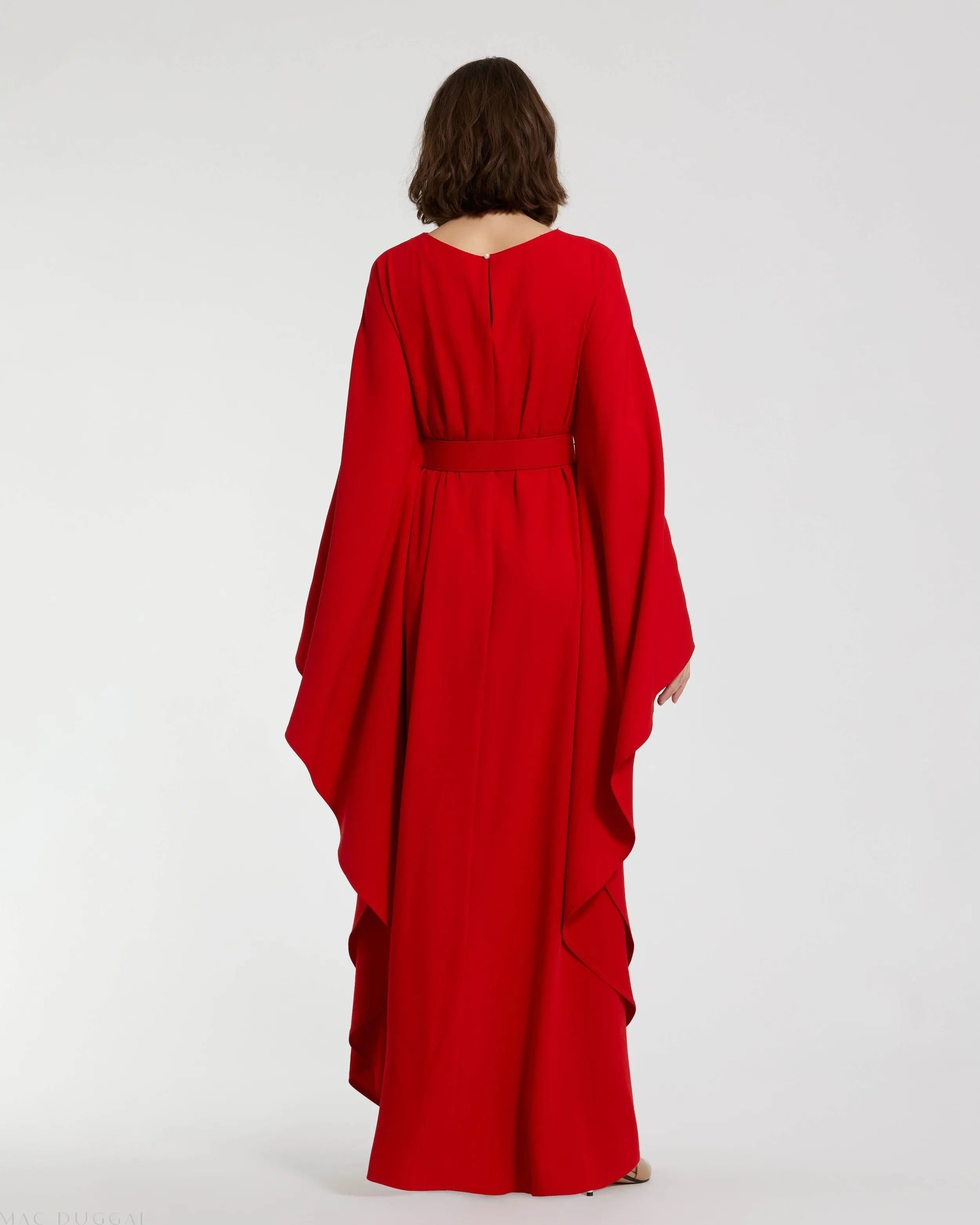 Red Crepe Boat Neck Kaftan Maxi Dress With Belt