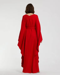 Red Crepe Boat Neck Kaftan Maxi Dress With Belt