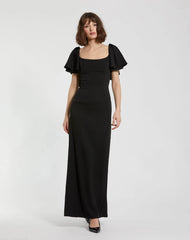 Black Crepe Fitted Long Dress With Short Ruffle Sleeves