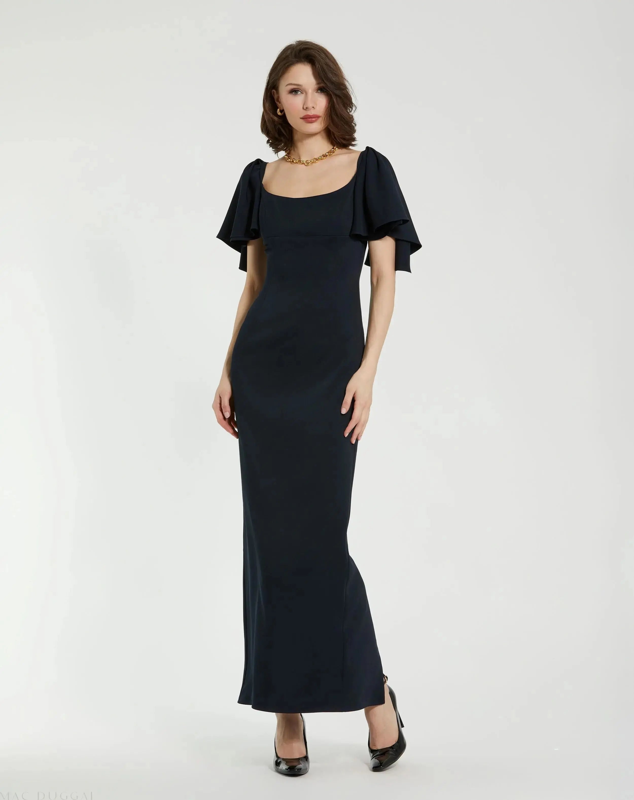 Crepe Fitted Long Dress With Short Ruffle Sleeves