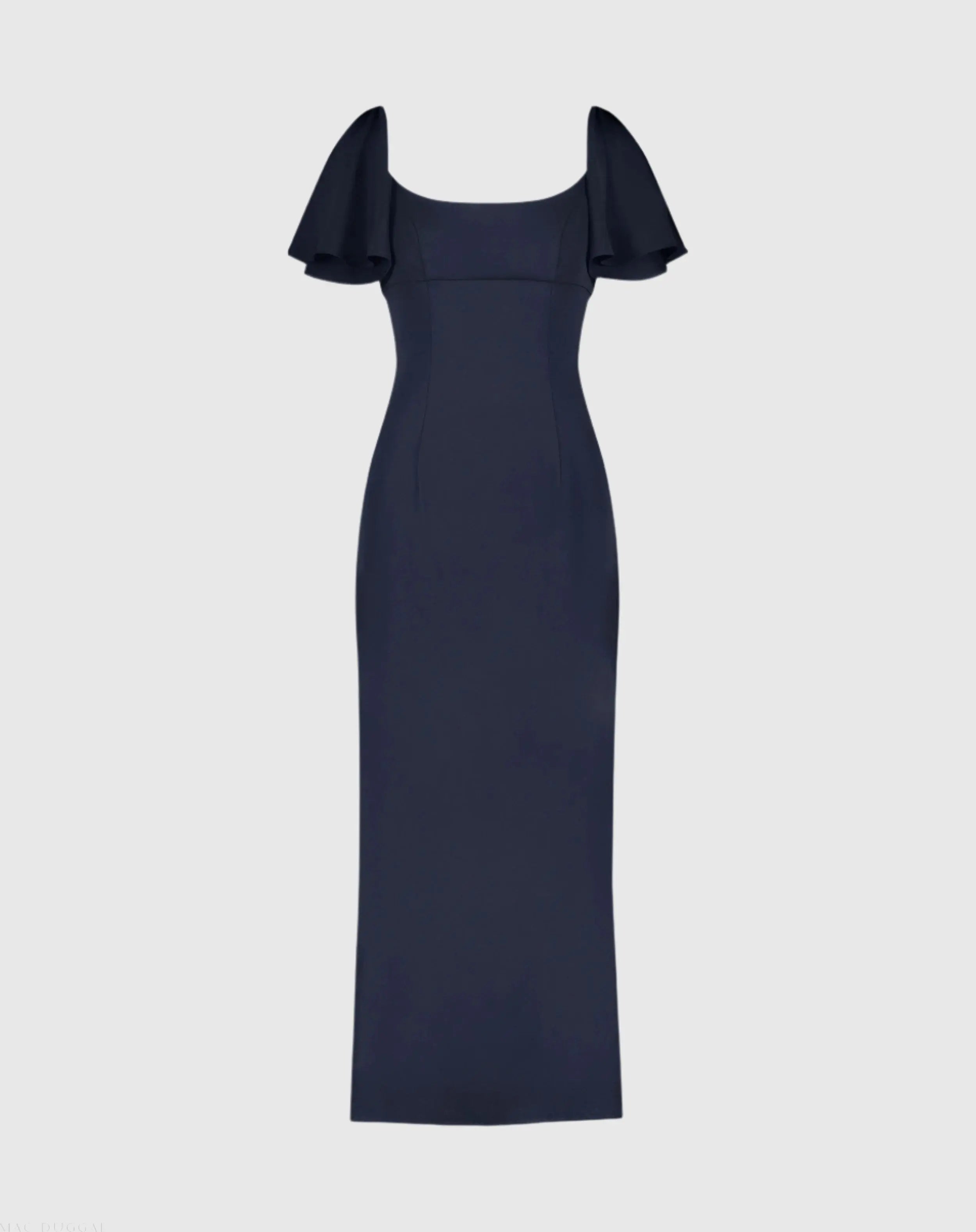 Navy Crepe Fitted Column Dress With Short Ruffle Sleeves - FINAL SALE