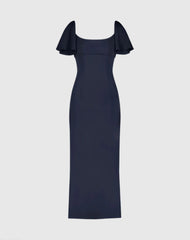 Navy Crepe Fitted Column Dress With Short Ruffle Sleeves - FINAL SALE